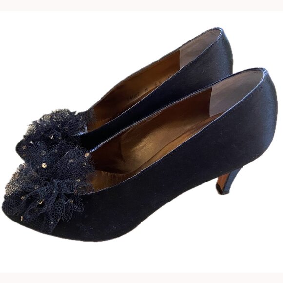 YSL Yves Saint Laurent VINTAGE 80's 6 1/2 Black Heels Tulle Sequin Pom Holidays - Picture 1 of 12